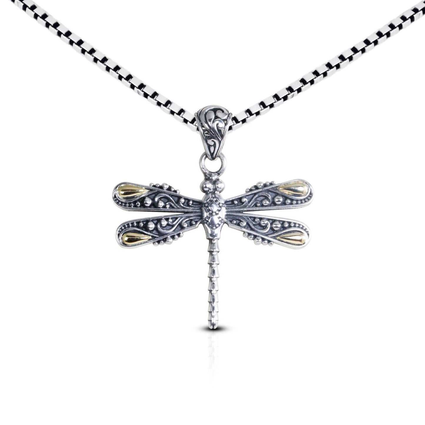 dragonfly pendant necklace 925 sterling silver and 18K yellow gold decorated with filigree ornament