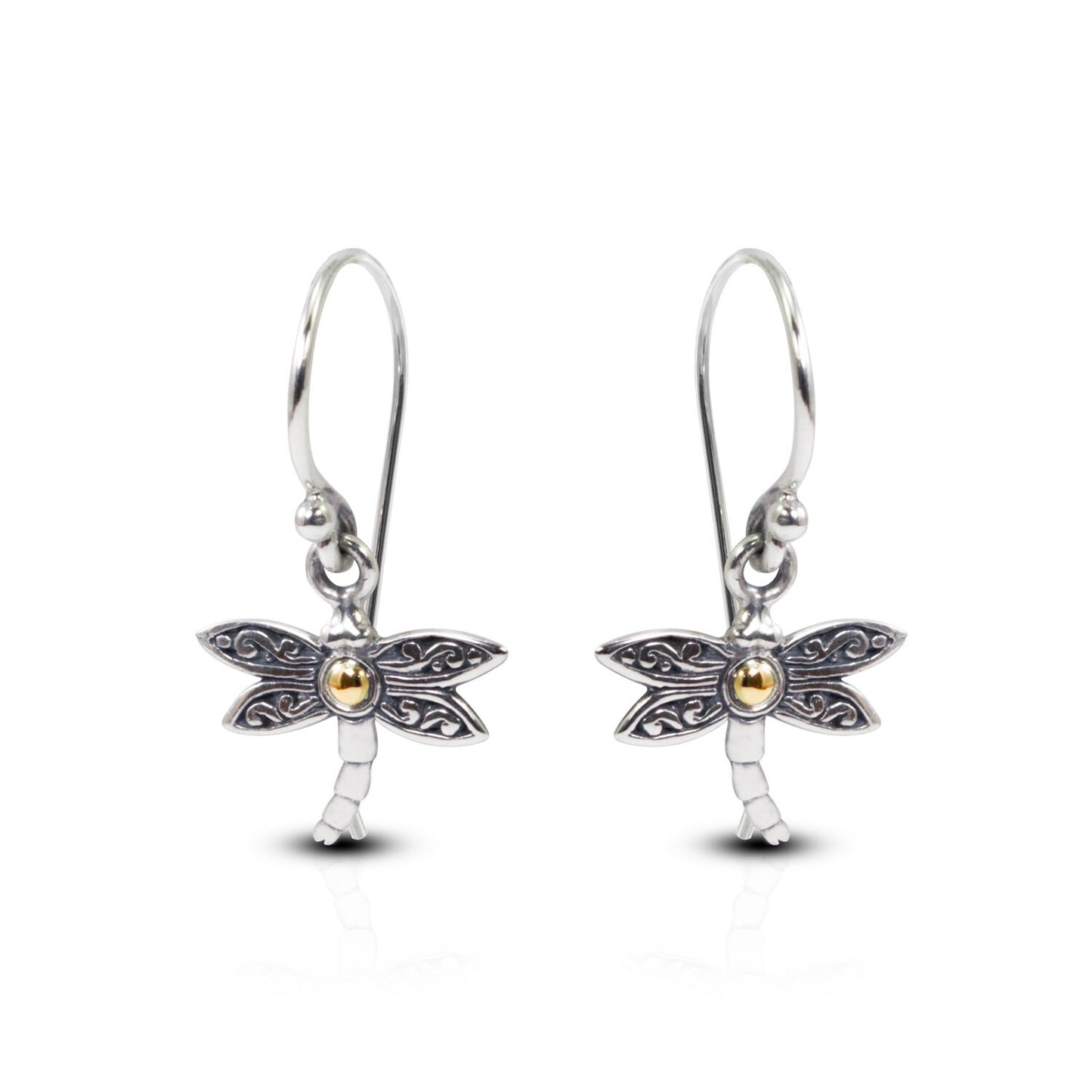 dragonfly earrings 925 sterling silver decorated with swirl filigree ornament and 18 K gold layer