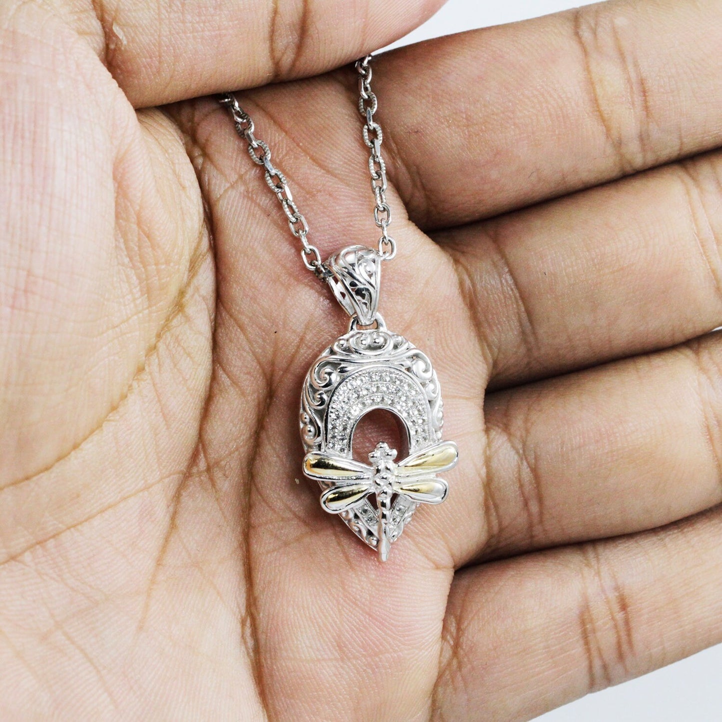 dragonfly pendant necklace 925 sterling silver decorated with 18K yellow gold decorated with filigree ornament and white topaz