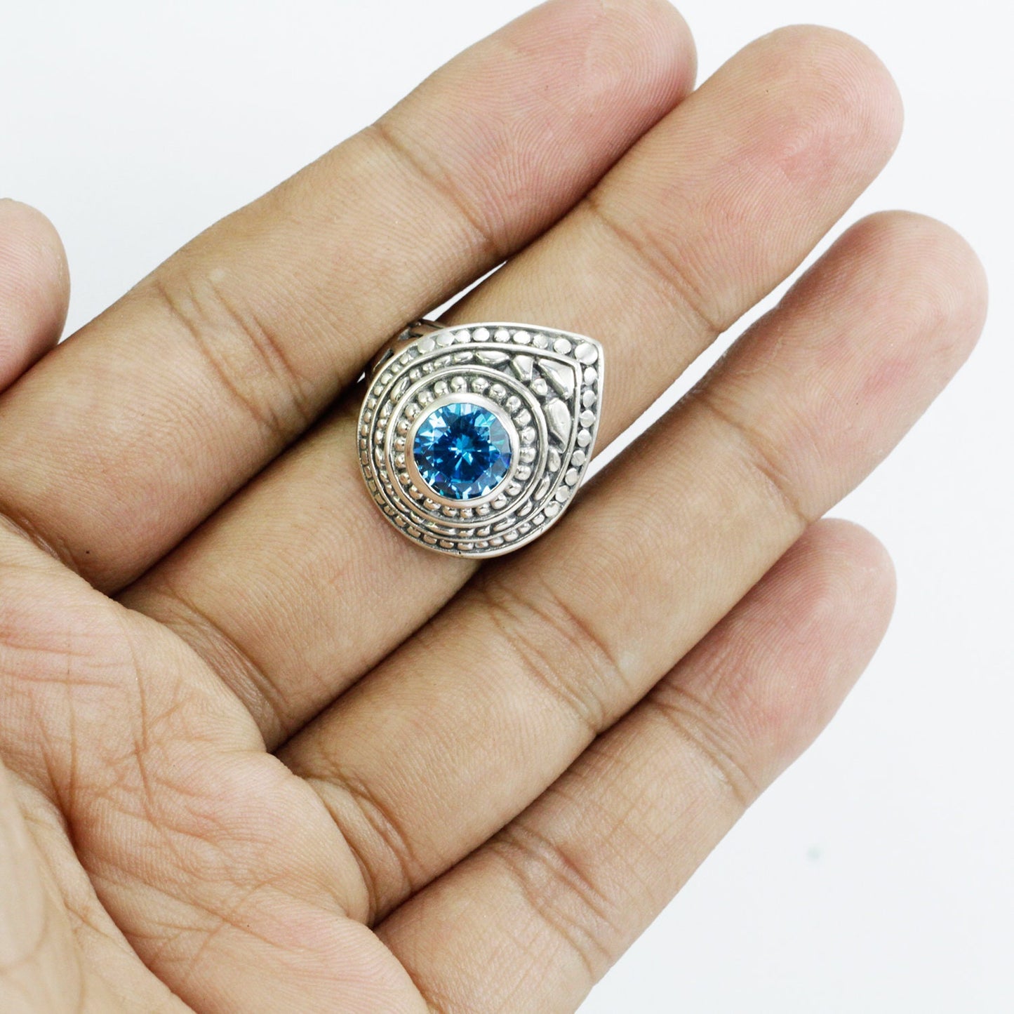 blue stone ring 925 sterling silver with doom pear shape filigree ornament