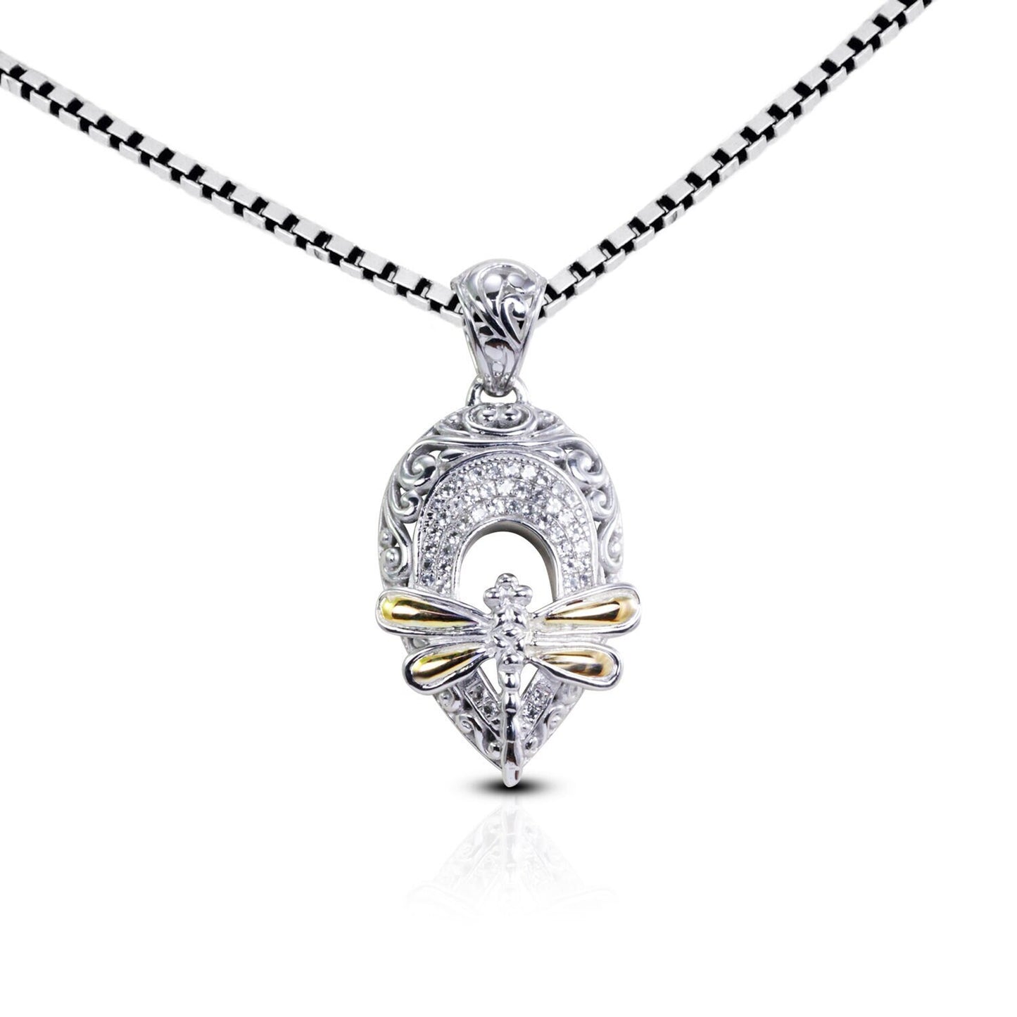dragonfly pendant necklace 925 sterling silver decorated with 18K yellow gold decorated with filigree ornament and white topaz
