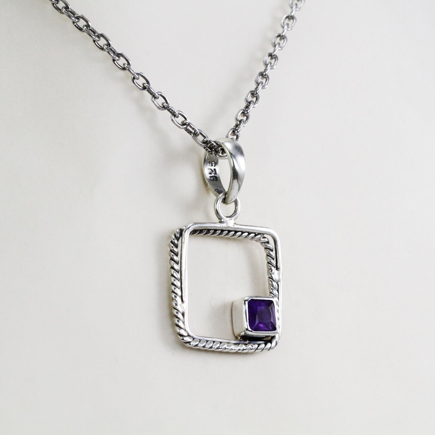 amethyst pendant necklace 925 sterling silver square rope style