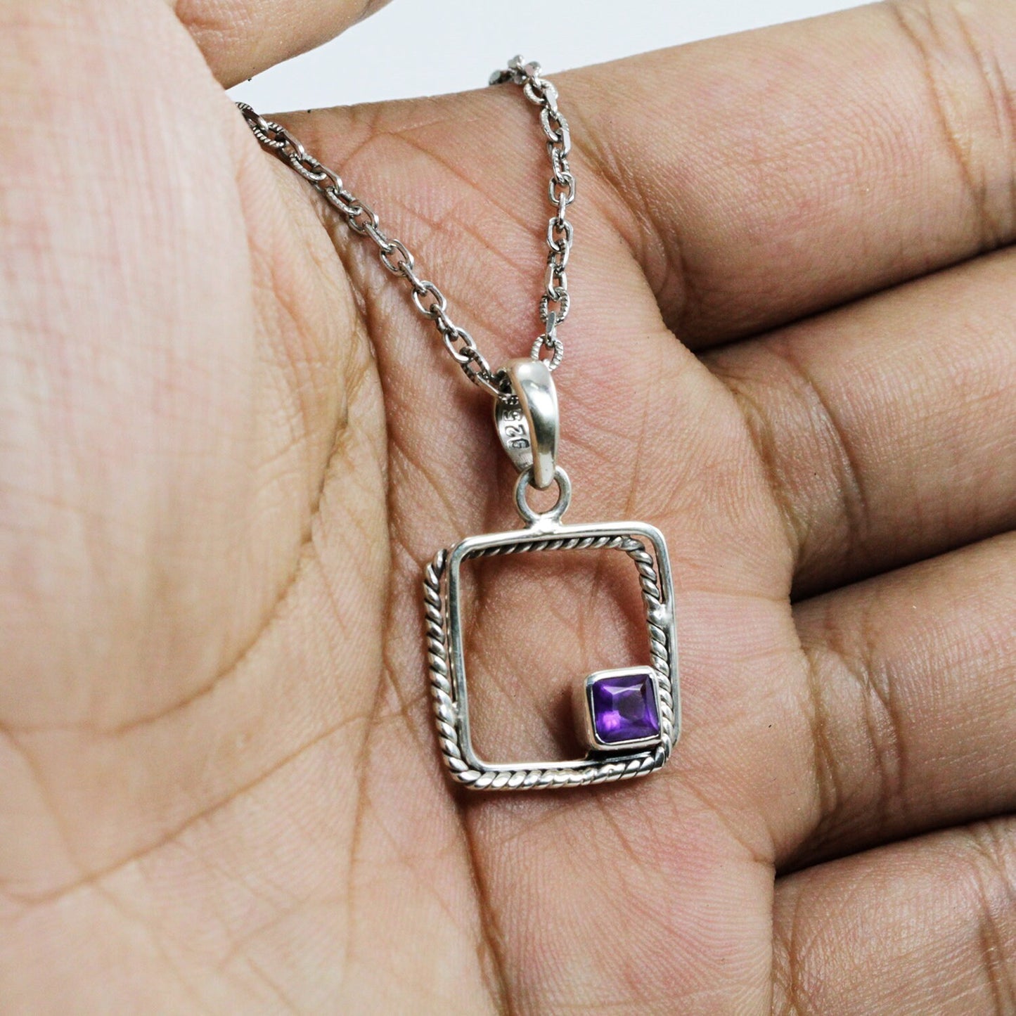 amethyst pendant necklace 925 sterling silver square rope style
