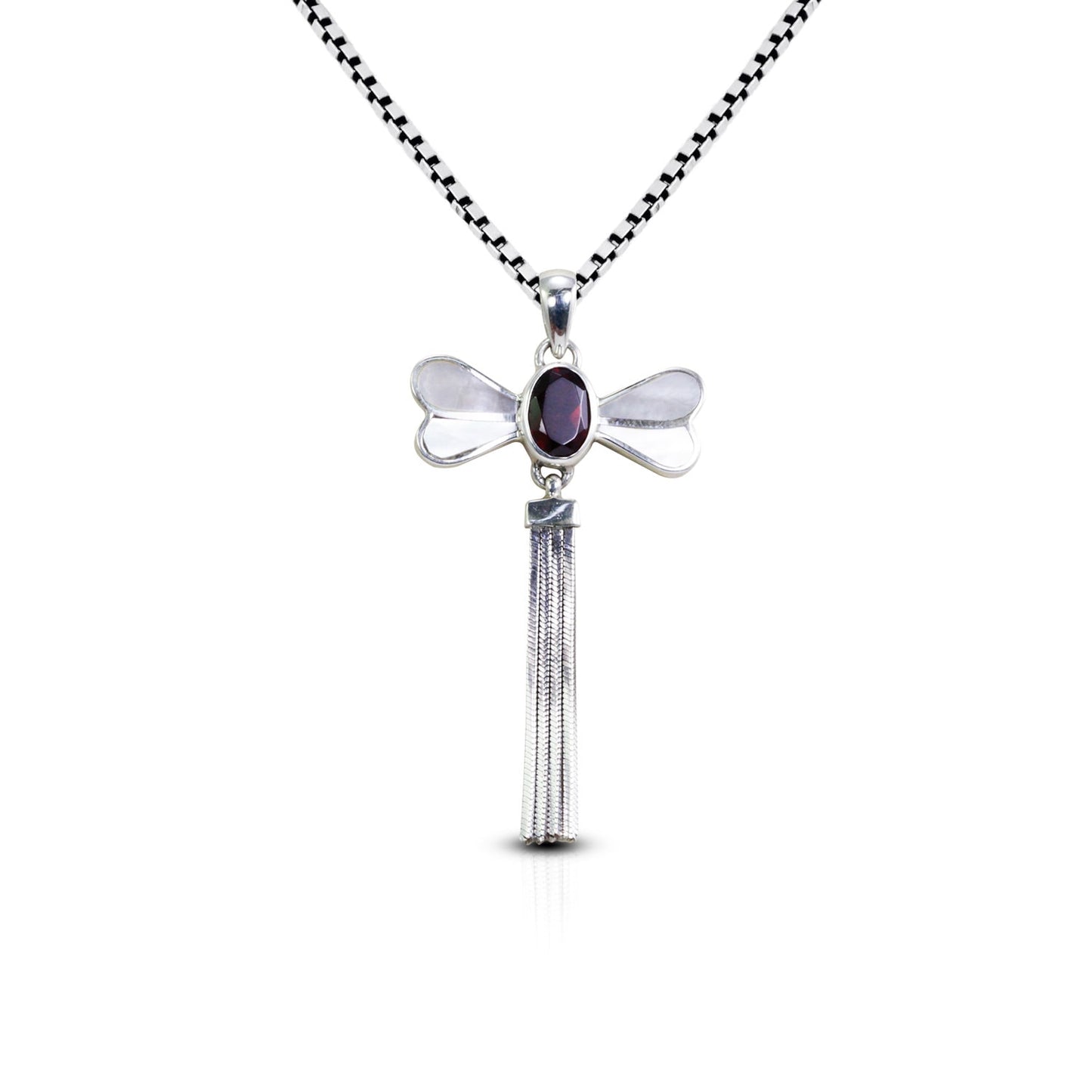 red garnet pendant 925 sterling silver in dragonfly shape decorated with genuine white shell and moveable silver chain tail
