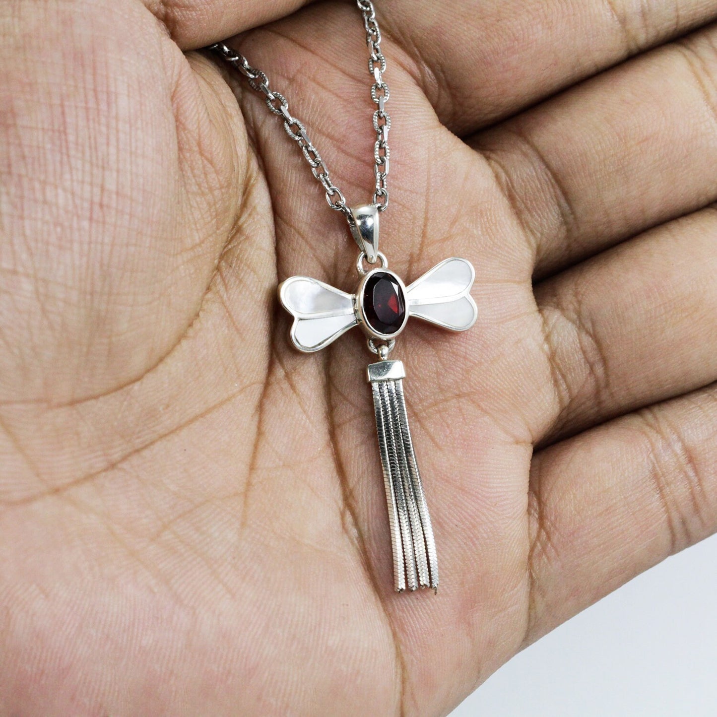 red garnet pendant 925 sterling silver in dragonfly shape decorated with genuine white shell and moveable silver chain tail
