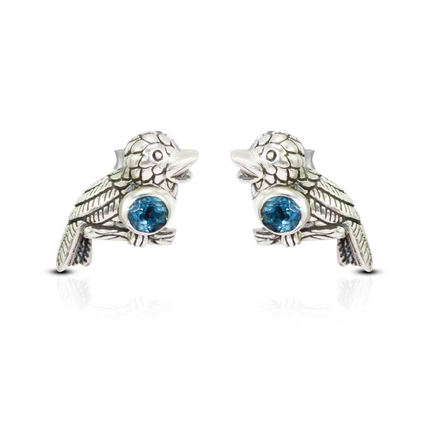 bird earrings stud 925 sterling silver with genuine blue topaz