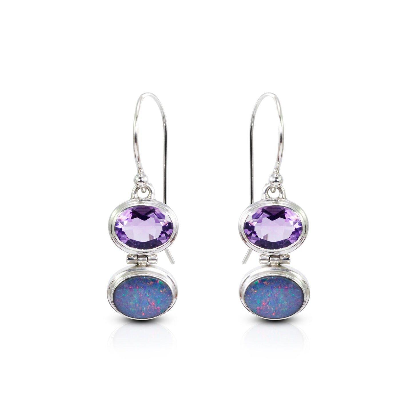 opal earrings 925 sterling silver with genuine Brazilian amethyst, two stones earrings dangle