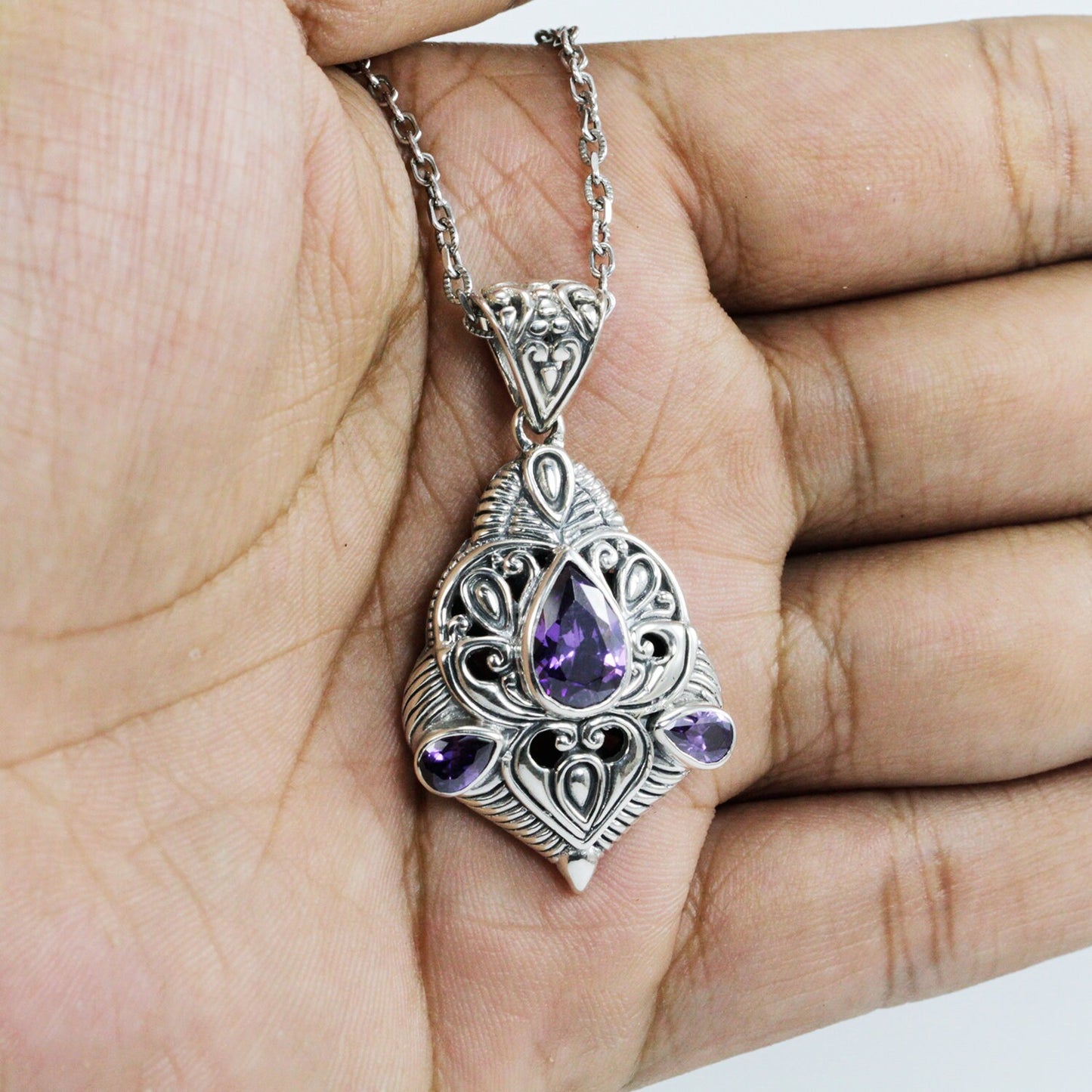 amethyst zirconia pendant necklace 925 sterling silver decorated with filigree ornament
