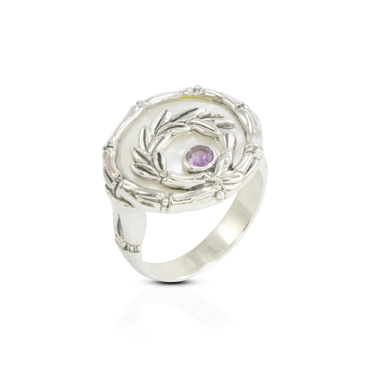 Amethyst ring 925 sterling silver with bamboo ornament and genuine white shell