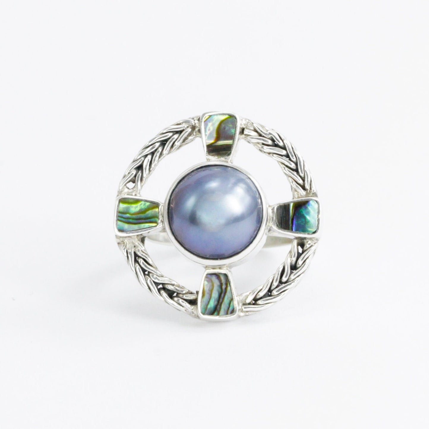 cross ring 925 sterling silver with genuine blue mabe pearl and paua shell decorated with chain frame