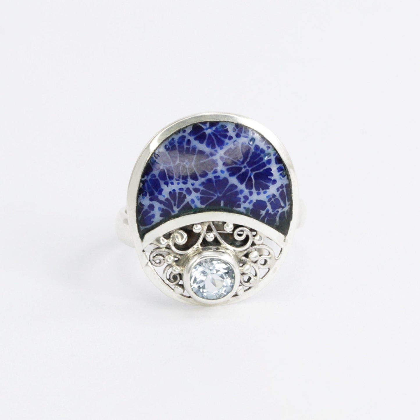 blue coral ring 925 sterling silver decorated with genuine blue topaz and filigree ornament