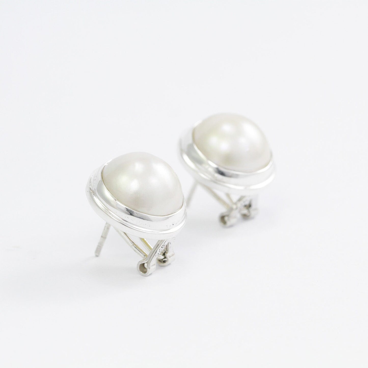 white mabe pearl earrings stud handmade 925 sterling silver with safety omega closure lock 15 mm large