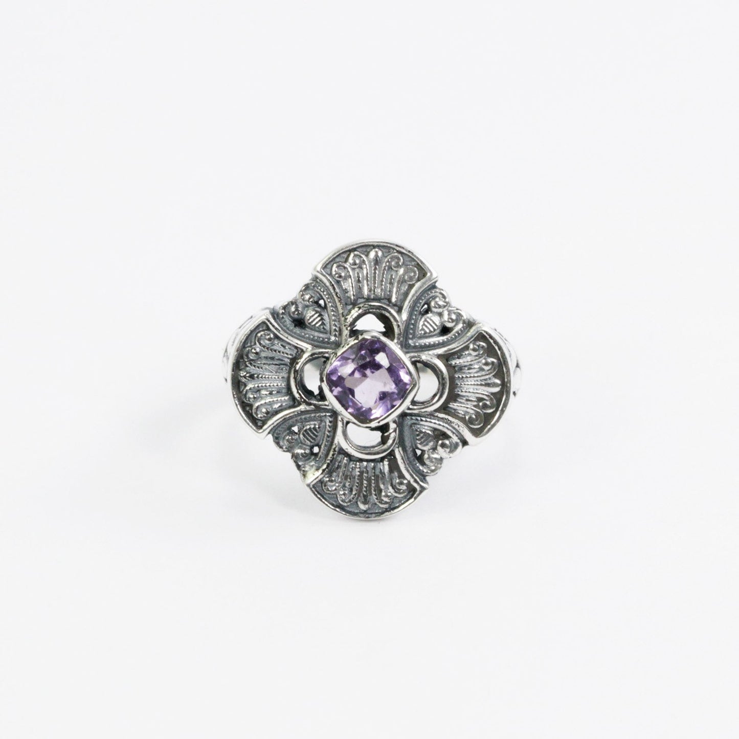 Maltese cross ring 925 sterling silver with genuine Brazilian amethyst decorated with filigree ornament