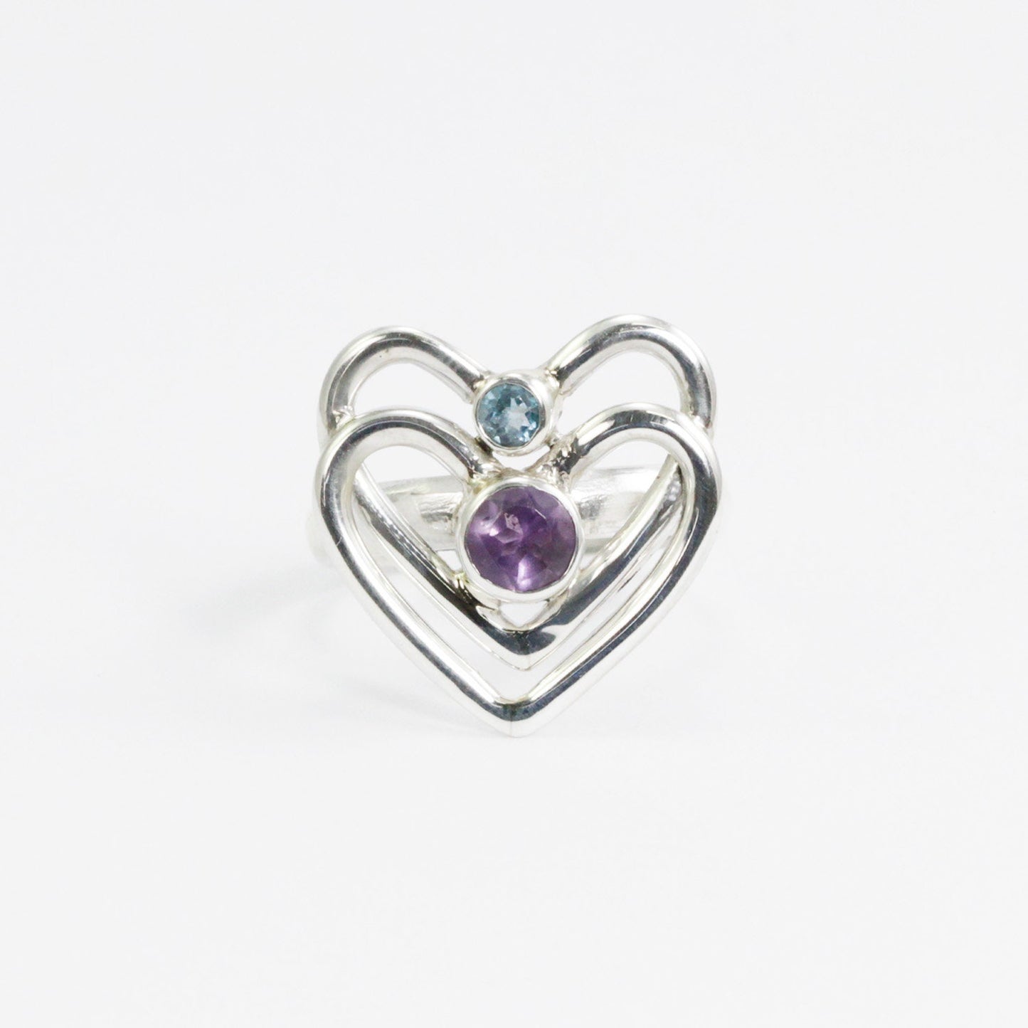 heart shape ring 925 sterling silver with genuine Brazilian amethyst and natural sky blue topaz