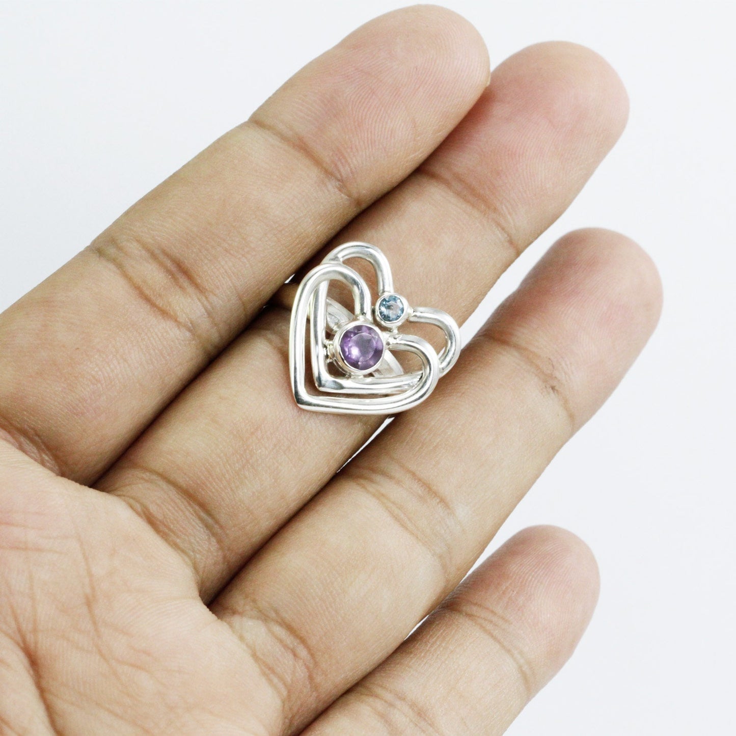 heart shape ring 925 sterling silver with genuine Brazilian amethyst and natural sky blue topaz
