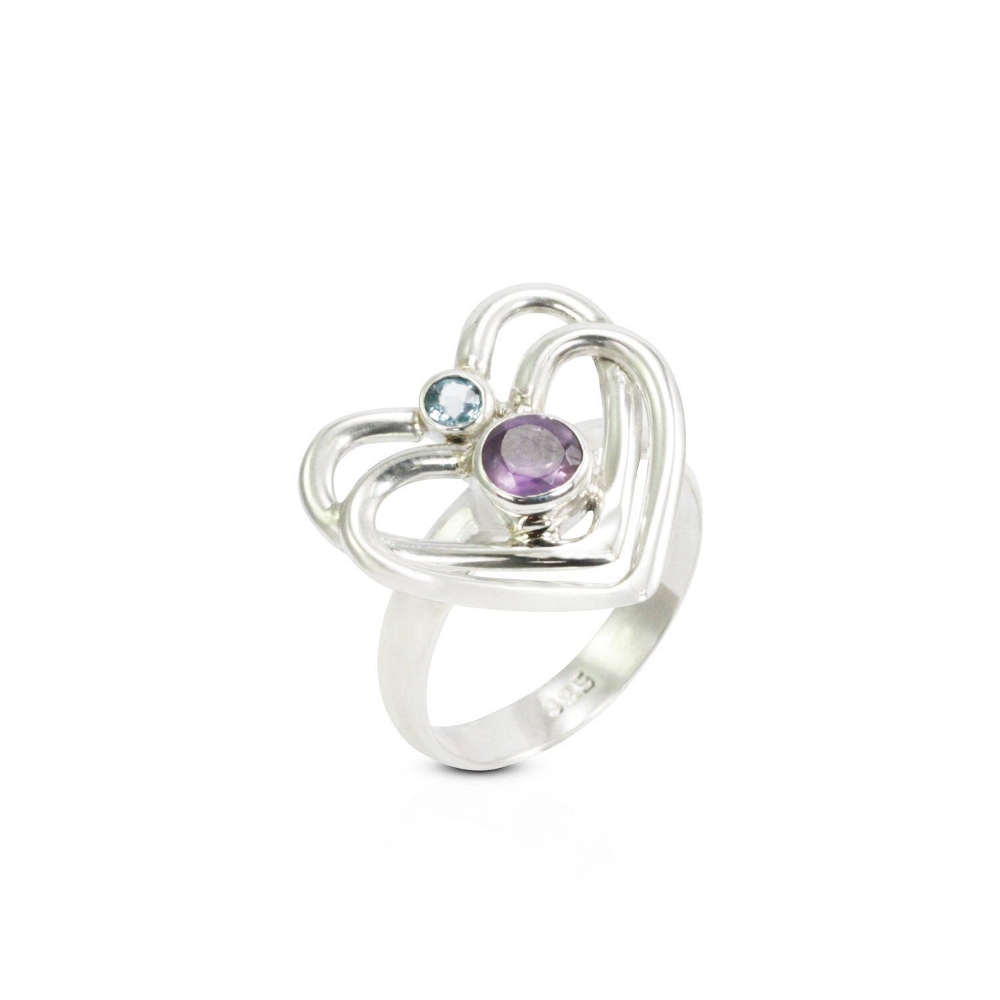 heart shape ring 925 sterling silver with genuine Brazilian amethyst and natural sky blue topaz