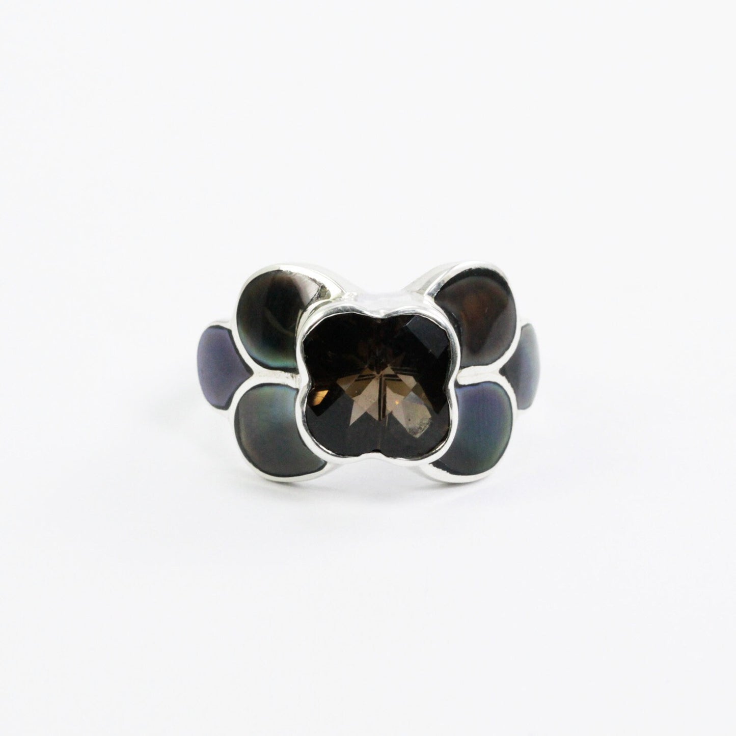 smoky quarts ring 925 sterling silver decorated with natural black shell