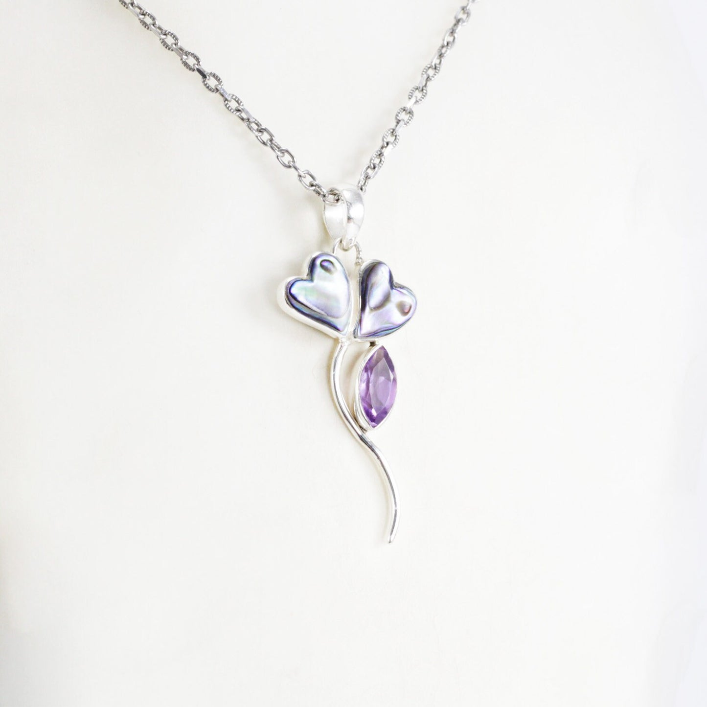 tulip flower pendant 925 sterling silver with natural Brazilian amethyst and genuine abalone shell