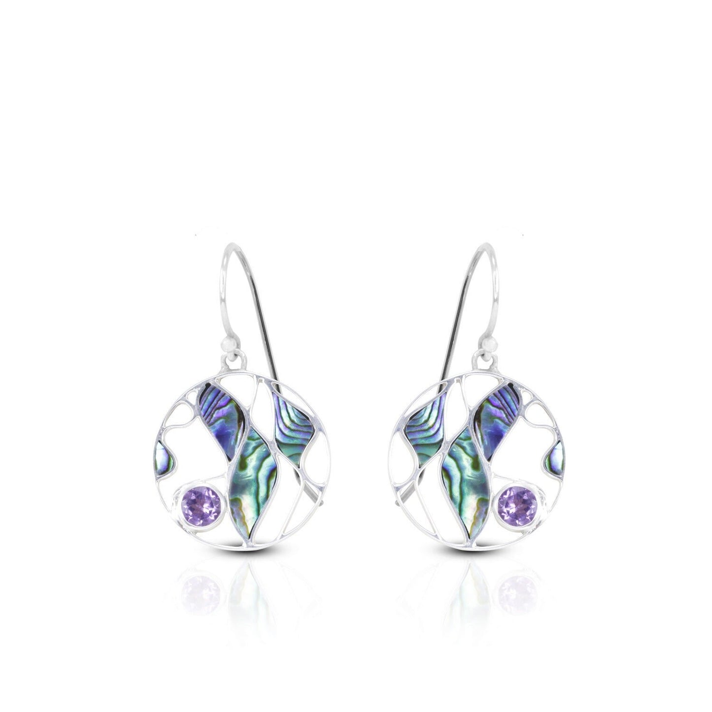 abalone shell earrings 925 sterling silver with natural Brazilian amethyst decorated with ocean wave inspired design