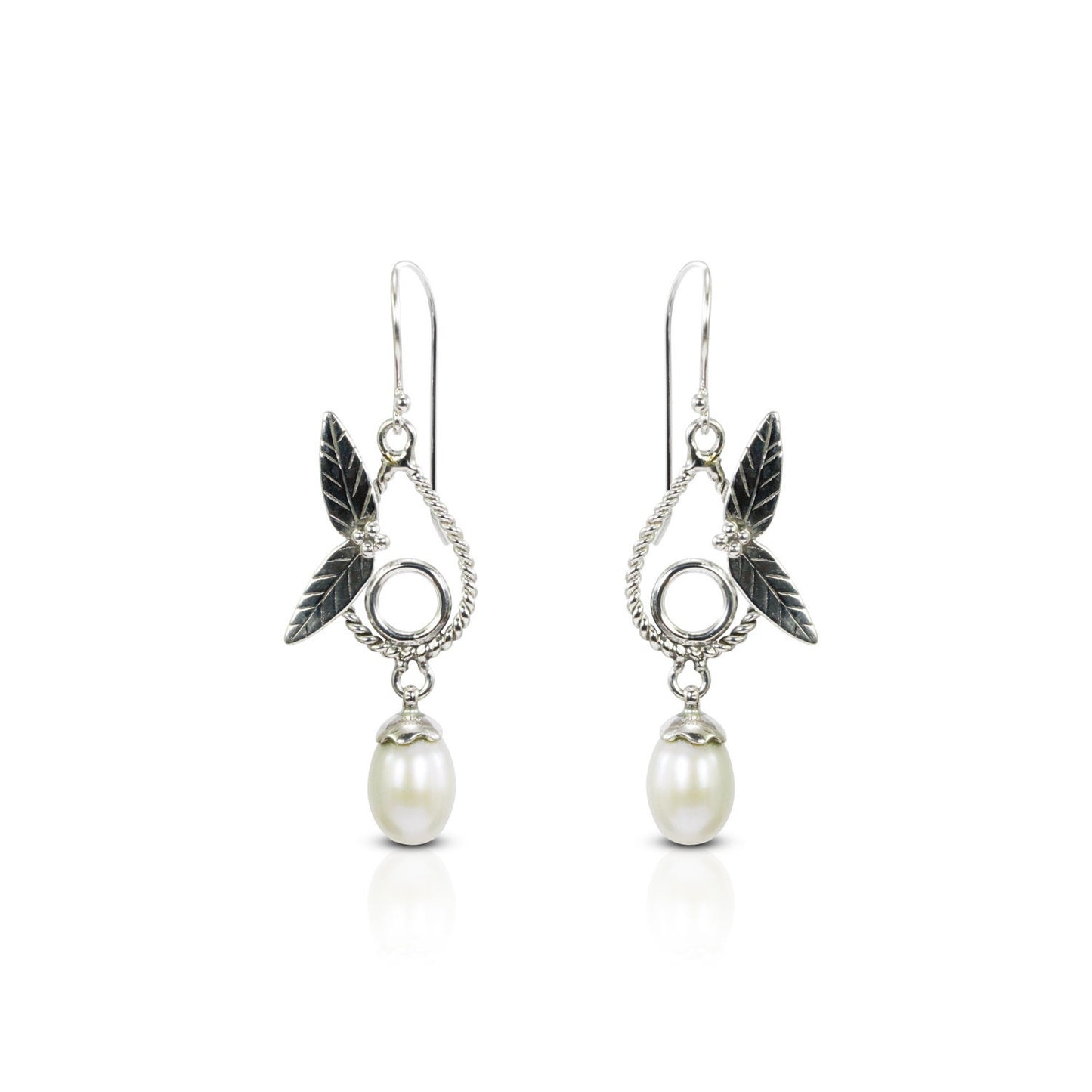 pearl earrings dangle drop 925 sterling silver with genuine fresh water pearl decorated with leaf ornament