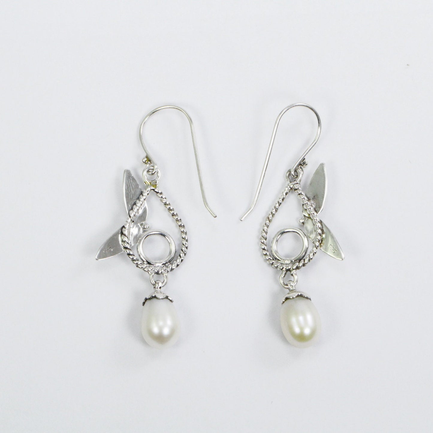 pearl earrings dangle drop 925 sterling silver with genuine fresh water pearl decorated with leaf ornament