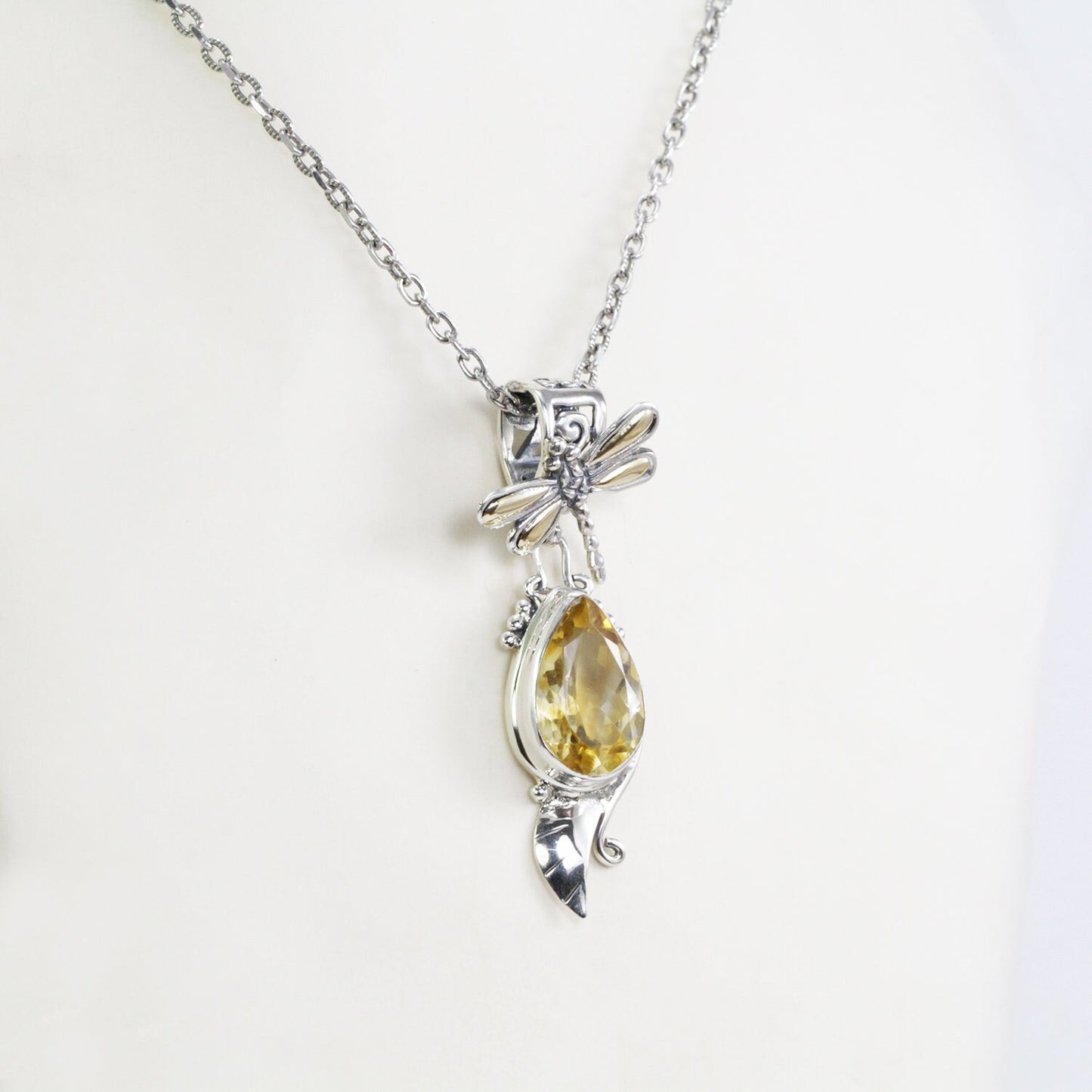 dragonfly pendant necklace 925 sterling silver and 18K yellow gold with genuine yellow citrine