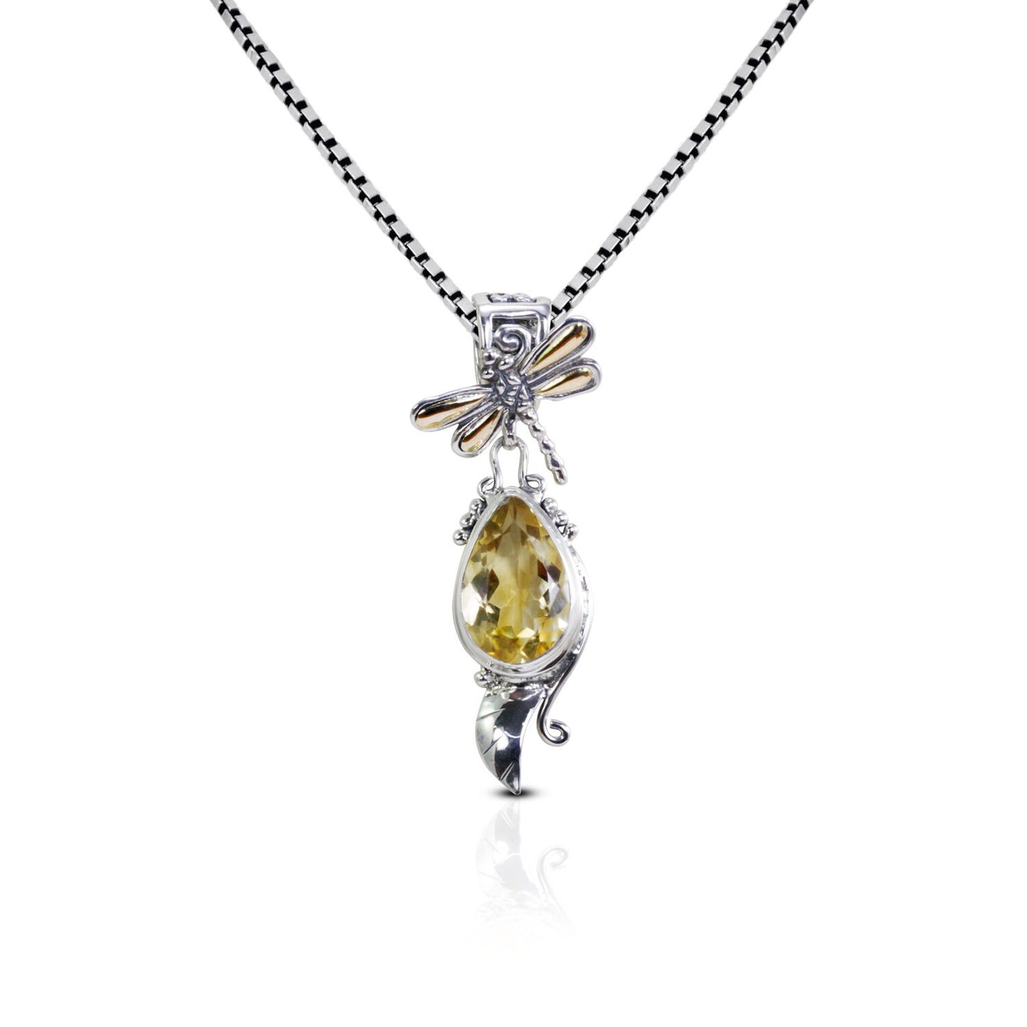 dragonfly pendant necklace 925 sterling silver and 18K yellow gold with genuine yellow citrine