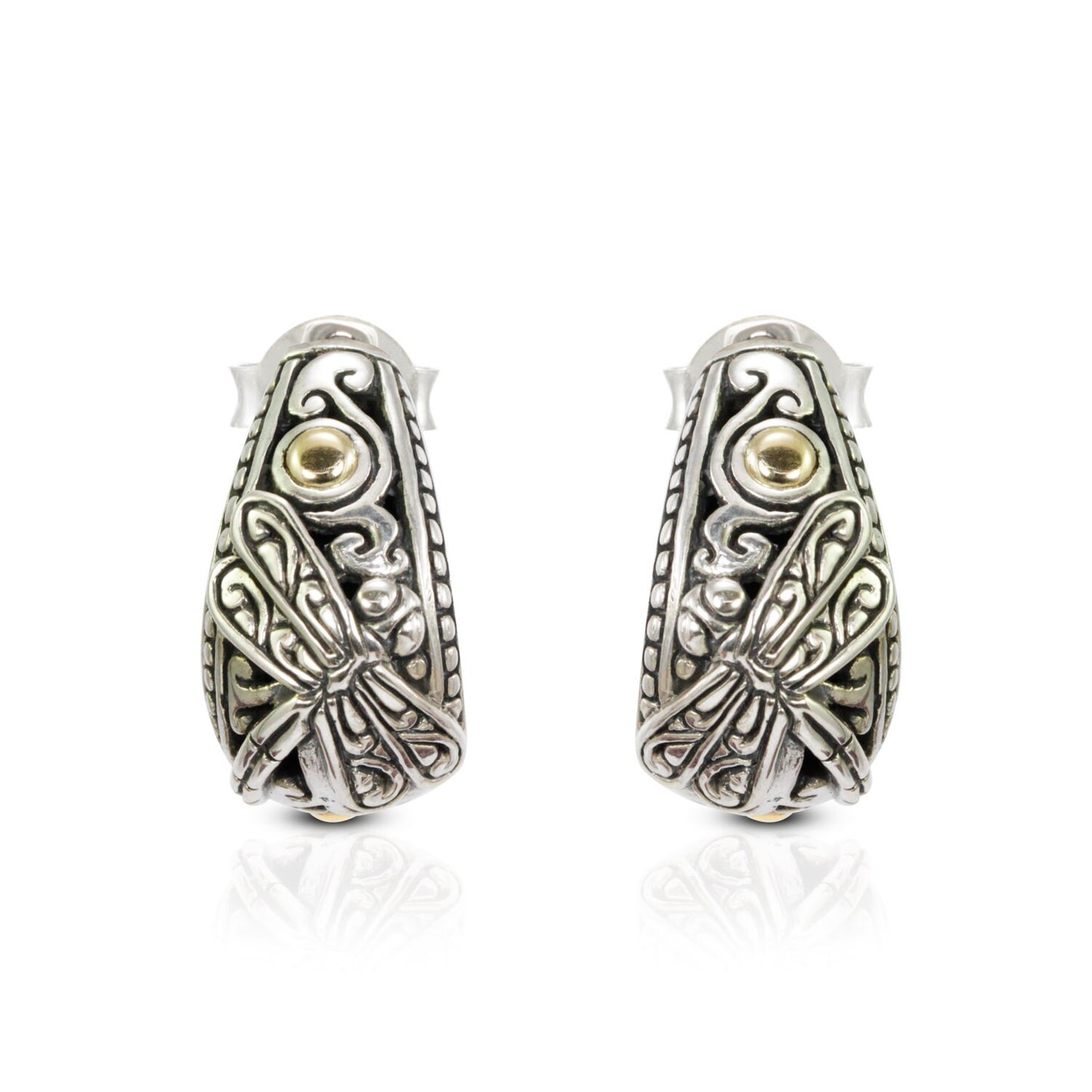 hoop earrings 925 sterling silver and 18K yellow gold decorated with dragonfly and filigree ornament