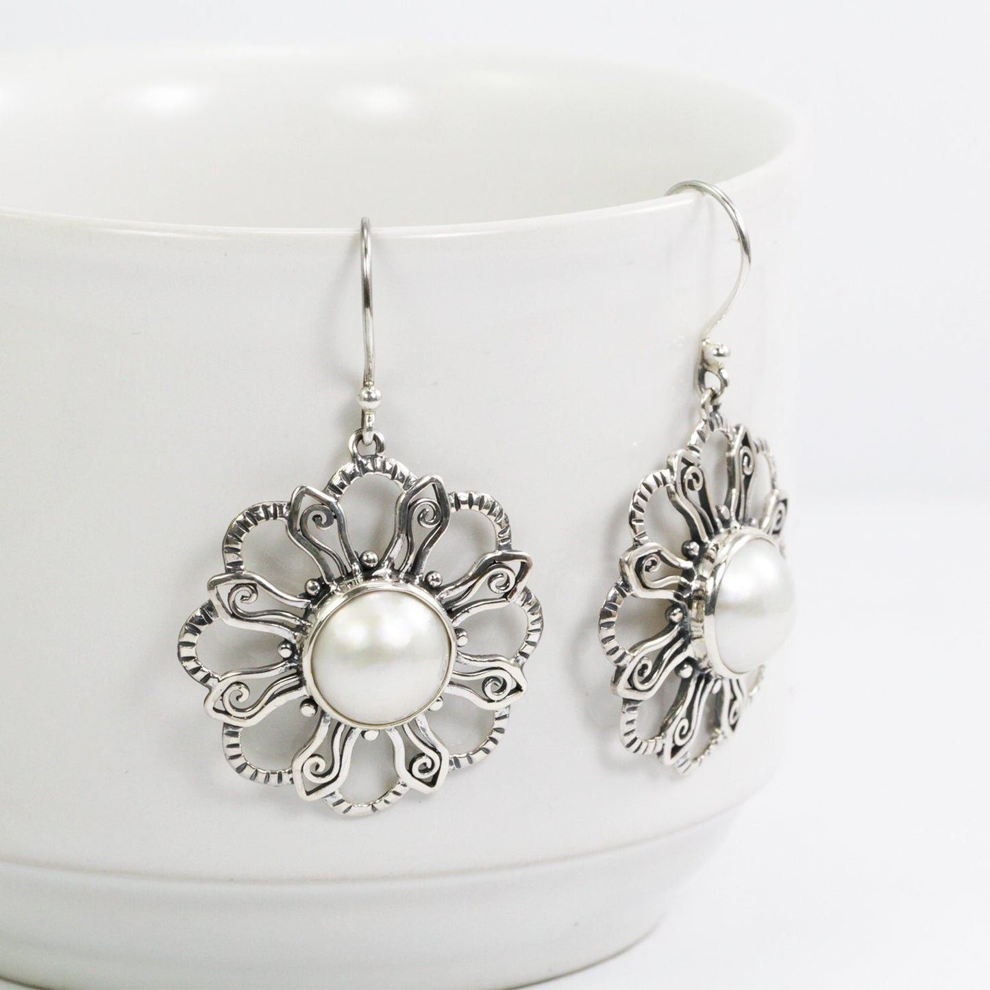 white mabe pearl earrings 925 sterling silver with bloom flower ornament
