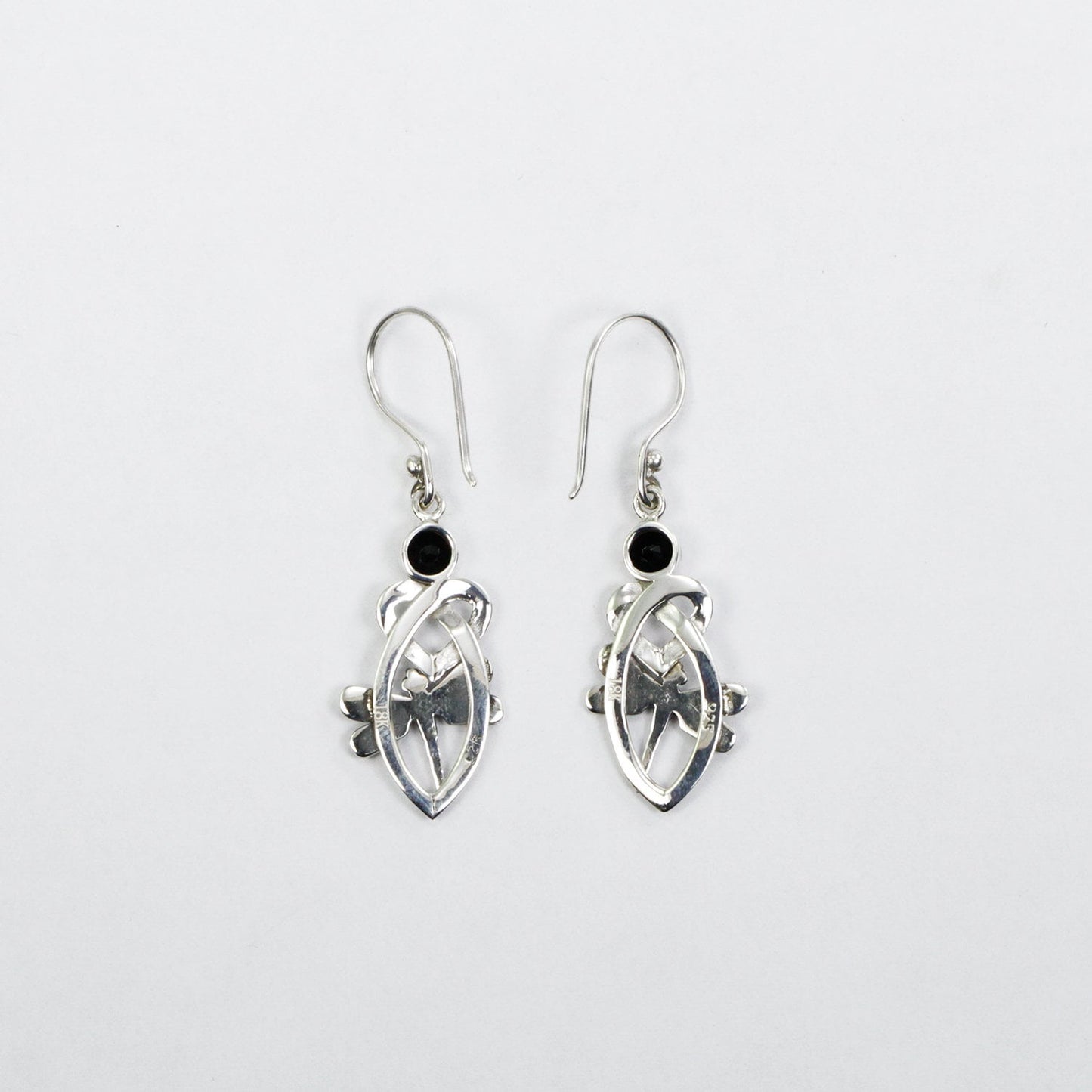 Celtic earrings 925 sterling silver decorated with genuine black onyx , dragonfly ornament and 18K yellow gold
