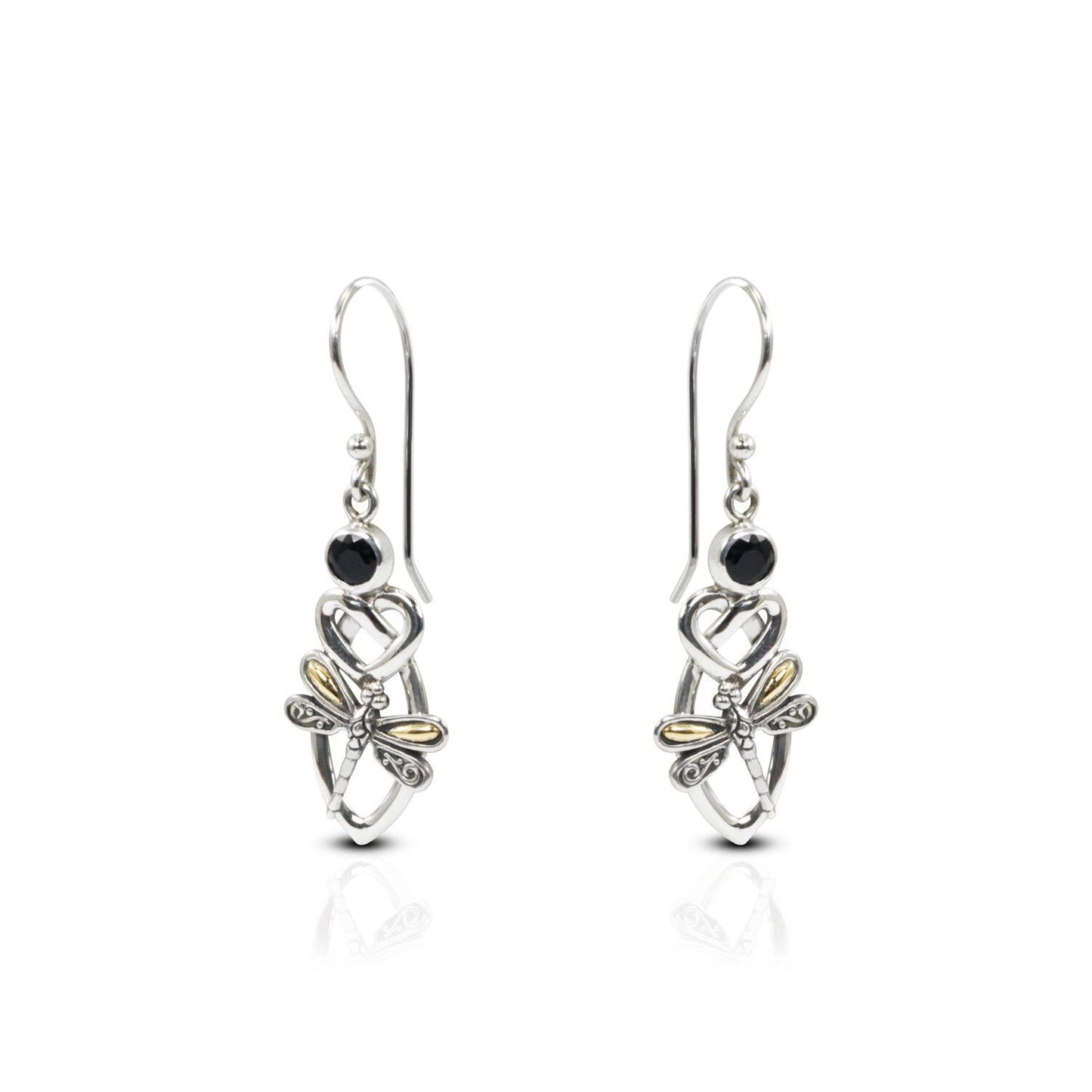 Celtic earrings 925 sterling silver decorated with genuine black onyx , dragonfly ornament and 18K yellow gold