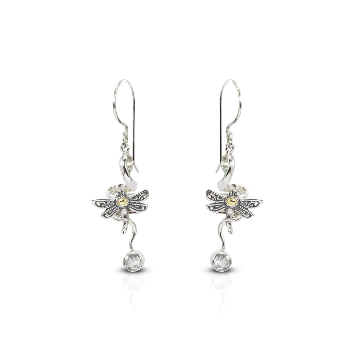 Dragonfly earrings 925 sterling silver with natural white crystal and elegance swirl dangle
