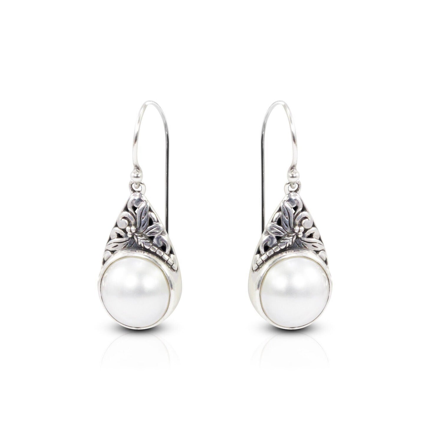 white mabe pearl earrings 925 sterling silver decorated with dragonfly filigree ornament