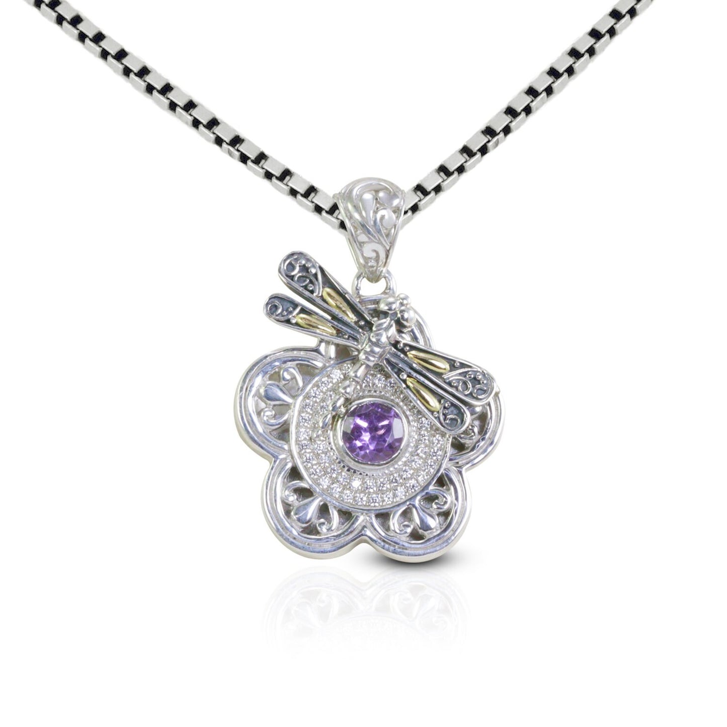 flower pendant necklace set in 925 sterling silver and 18k gold with genuine amethyst decorated with dragonfly ornament