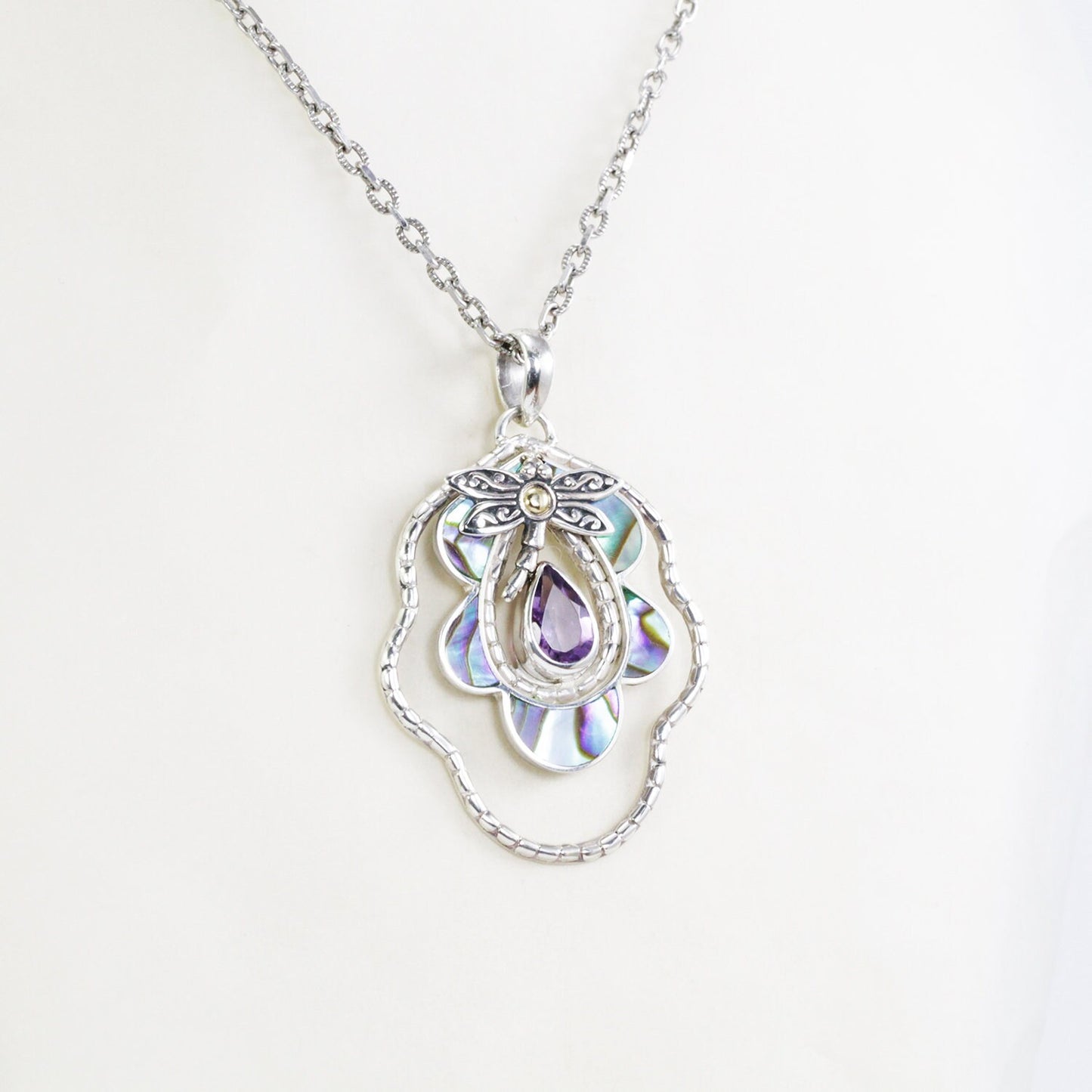 dragonfly on leaf pendant necklace set in 925 sterling silver and 18K gold with genuine amethyst and abalone shell