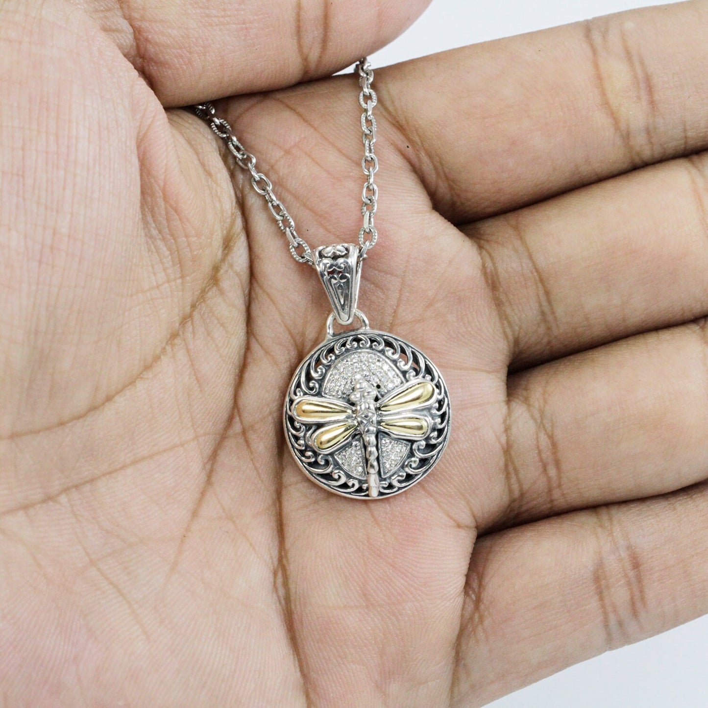 Dragonfly pendant in 925 sterling silver and 18 yellow gold decorated with swirl filigree ornament