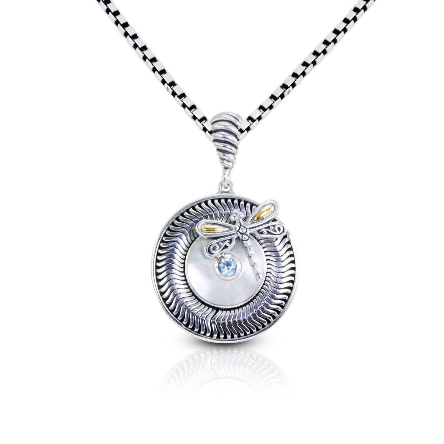 blue topaz pendant 925 sterling silver and 18K yellow gold dragonfly ornament with natural white shell