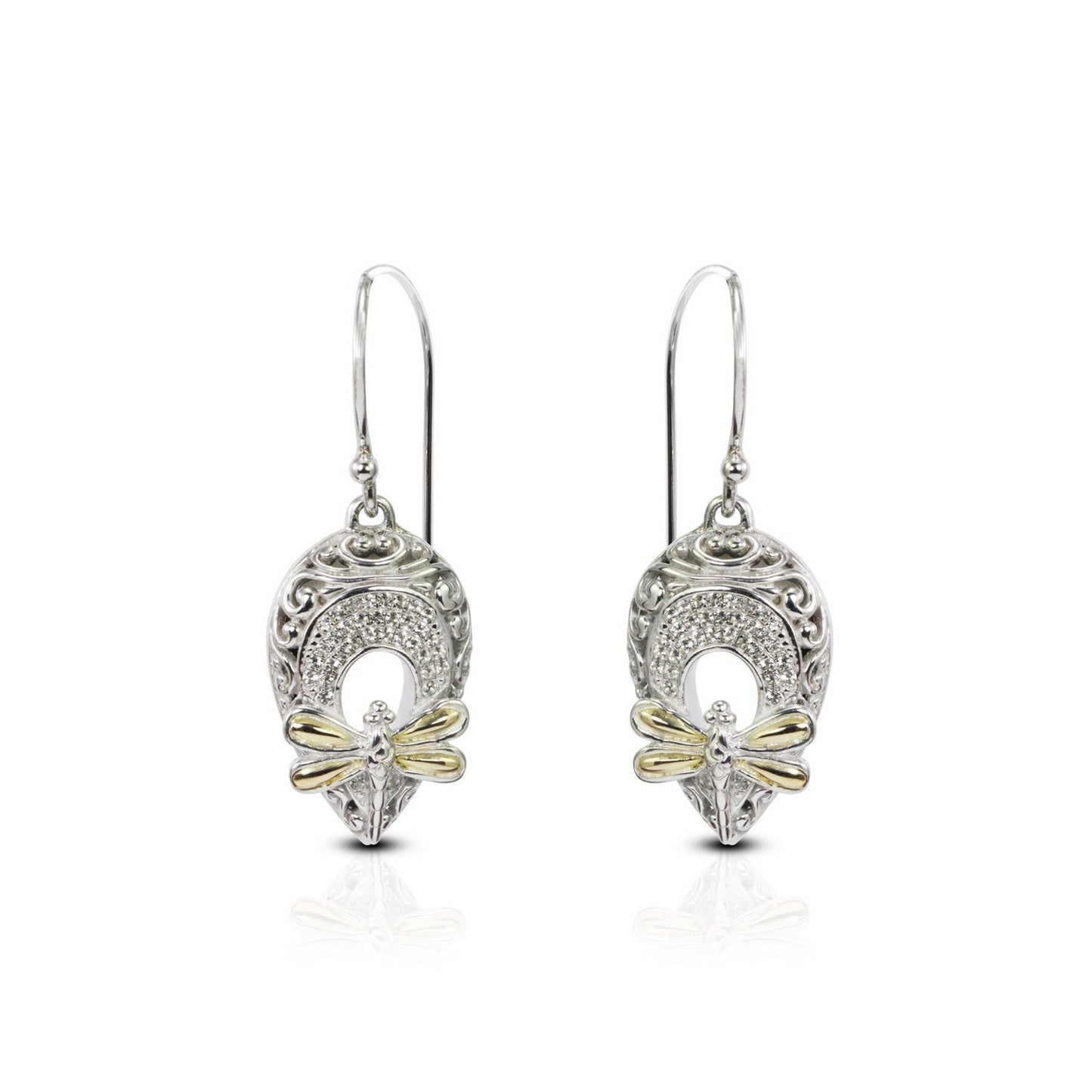 Dragonfly earrings drop 925 sterling silver with 18K yellow gold and white stone pave