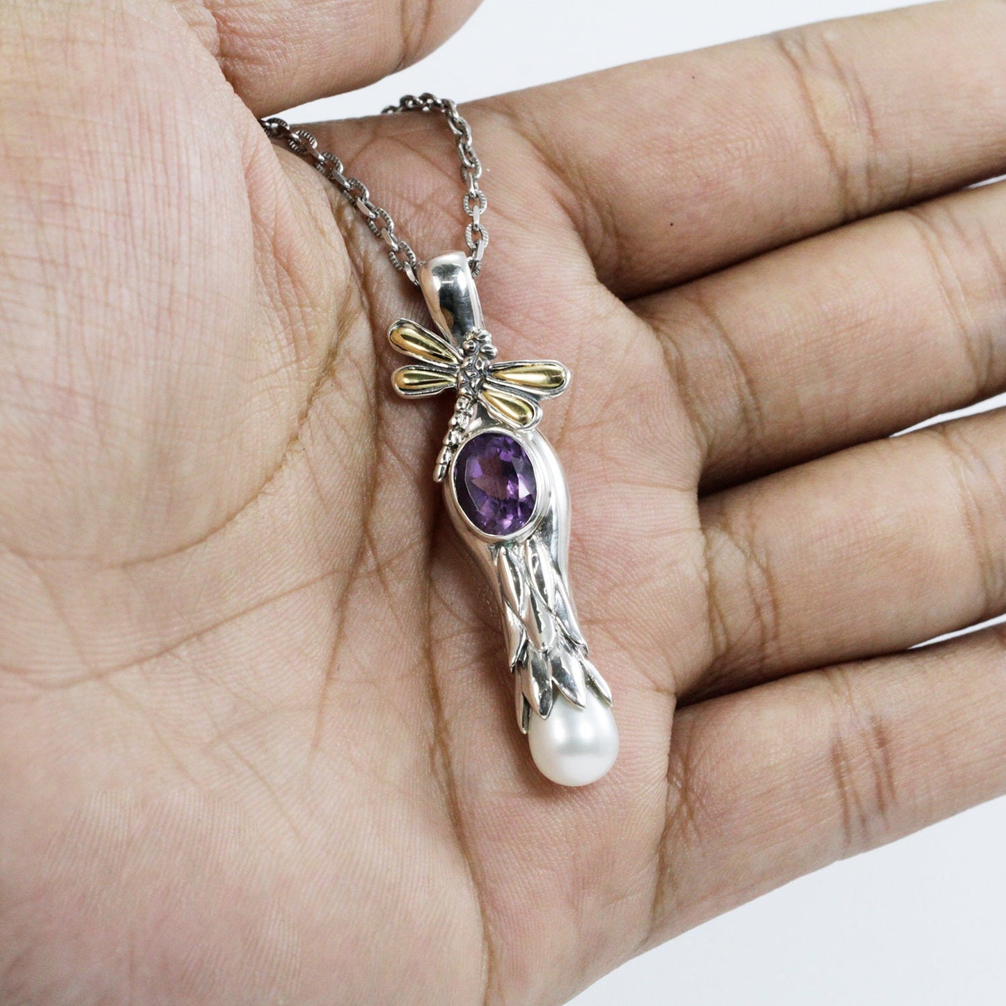 floral shape pendant necklace 925 sterling silver and 18K gold with genuine amethyst and drop pearl decorated with dragonfly ornament