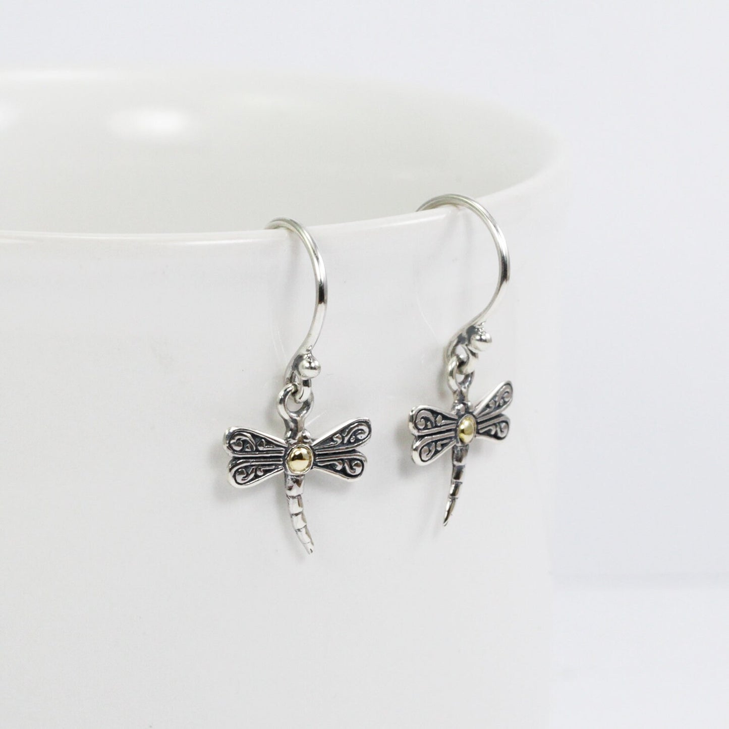 tiny dragonfly earrings 925 sterling silver decorated with swirl filigree ornament and 18 K gold layer