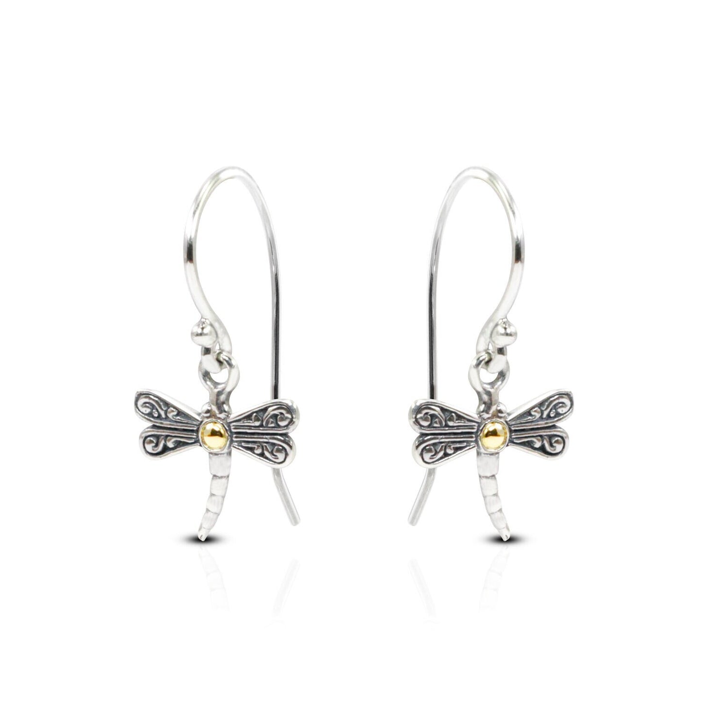 tiny dragonfly earrings 925 sterling silver decorated with swirl filigree ornament and 18 K gold layer