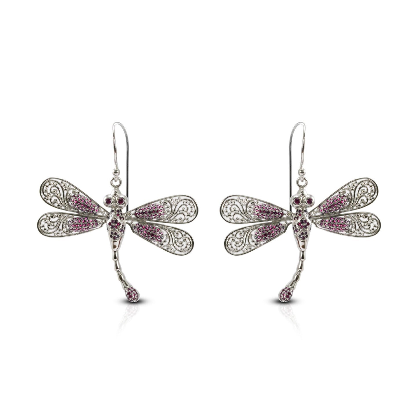 dragonfly earrings 925 sterling silver decorated with genuine red ruby pave setting