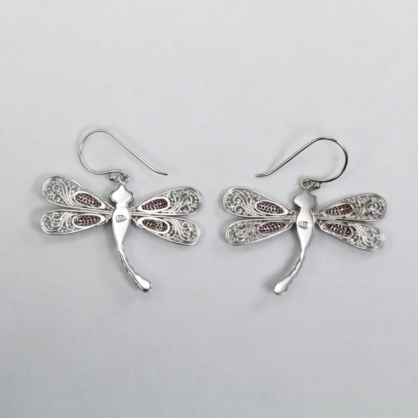 dragonfly earrings 925 sterling silver decorated with genuine red ruby pave setting