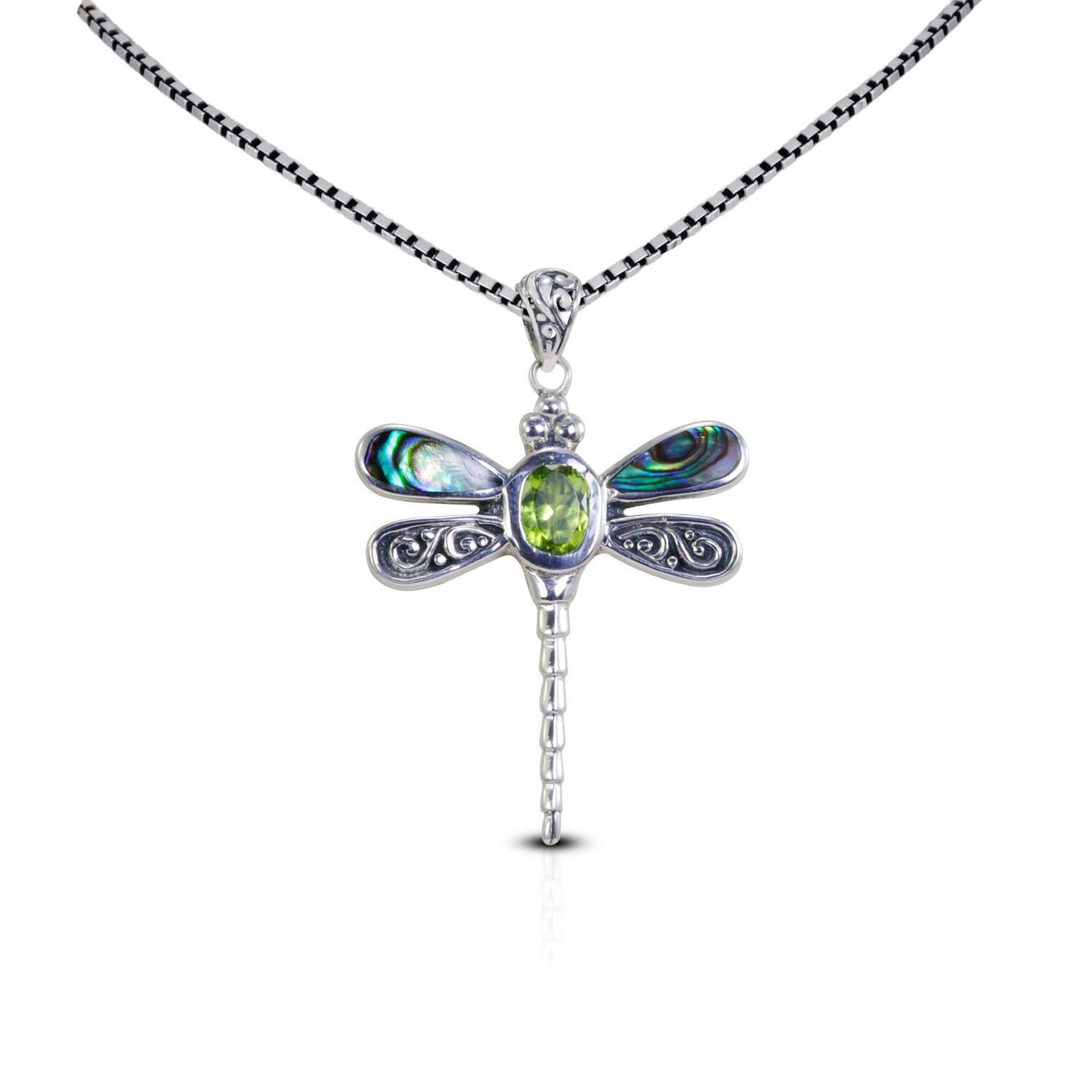 Dragonfly pendant 925 sterling silver with genuine green peridot and abalone shell decorated with swirl filigree