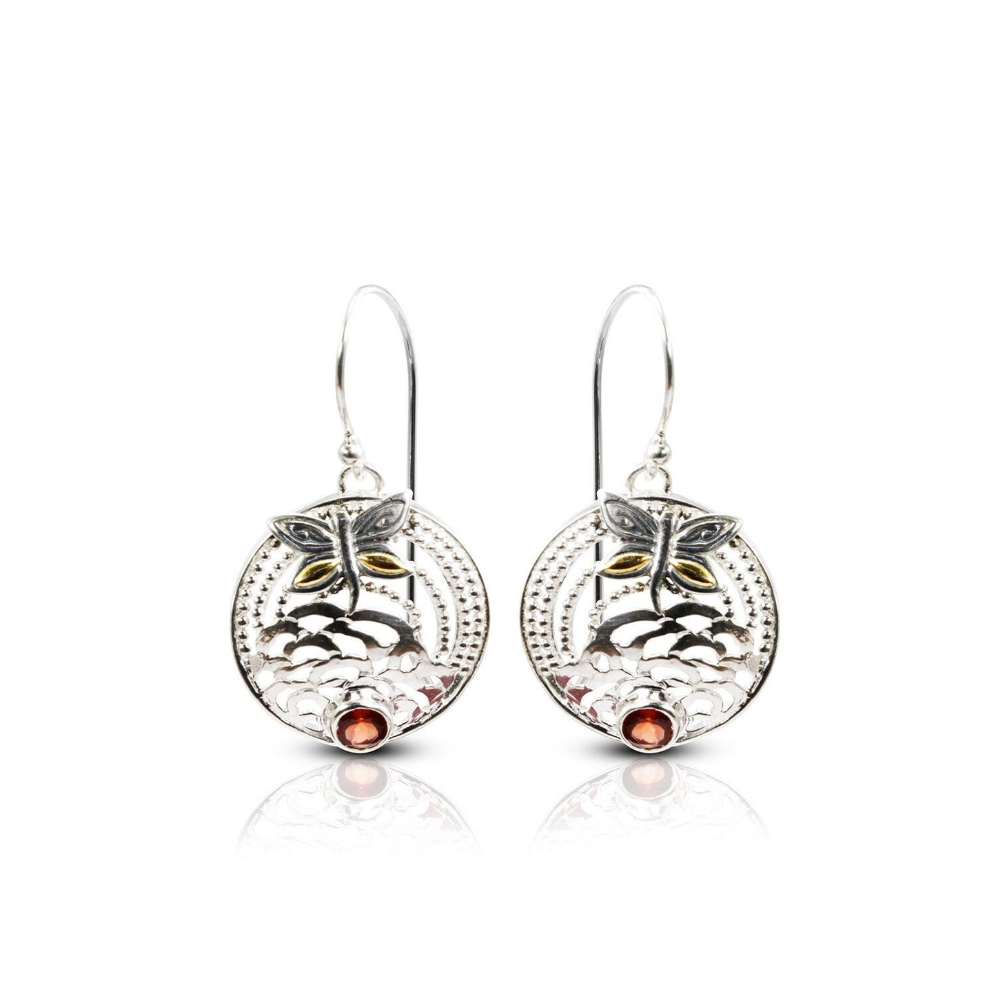 garnet earrings 925 sterling silver with dragonfly ornament 18K yellow gold