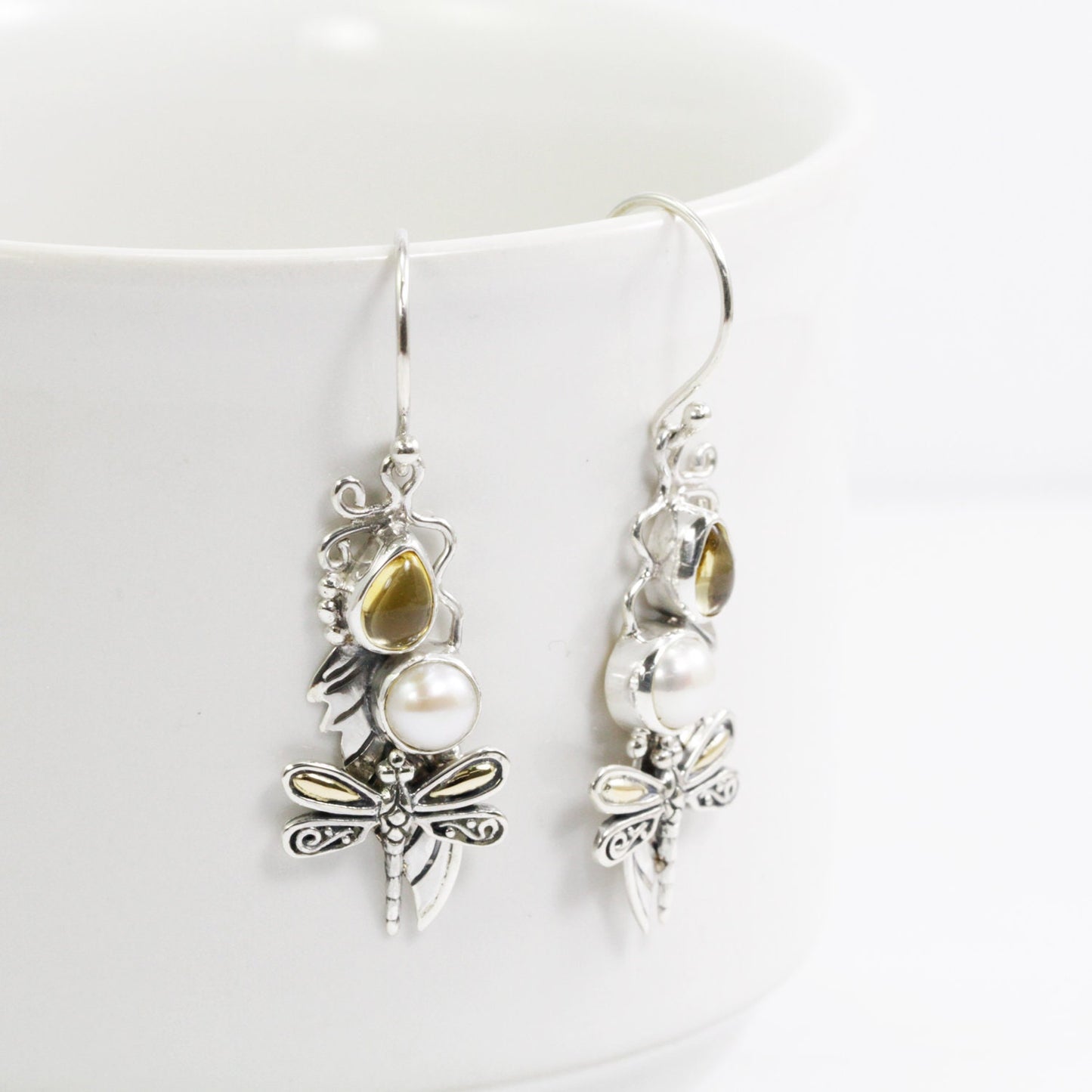dragonfly earrings dangle 925 sterling silver with genuine citrine and freshwater pearl leaf filigree ornament