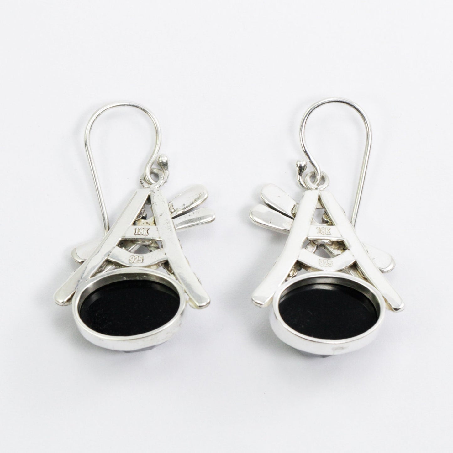 Black onyx earrings dangle drop set in 925 sterling silver and 18K yellow gold decorated with dragonfly ornament