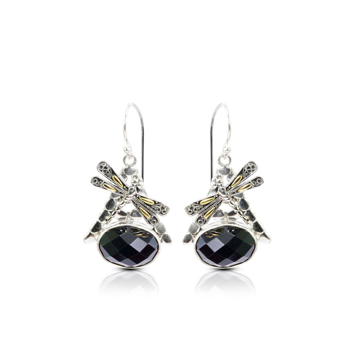 Black onyx earrings dangle drop set in 925 sterling silver and 18K yellow gold decorated with dragonfly ornament
