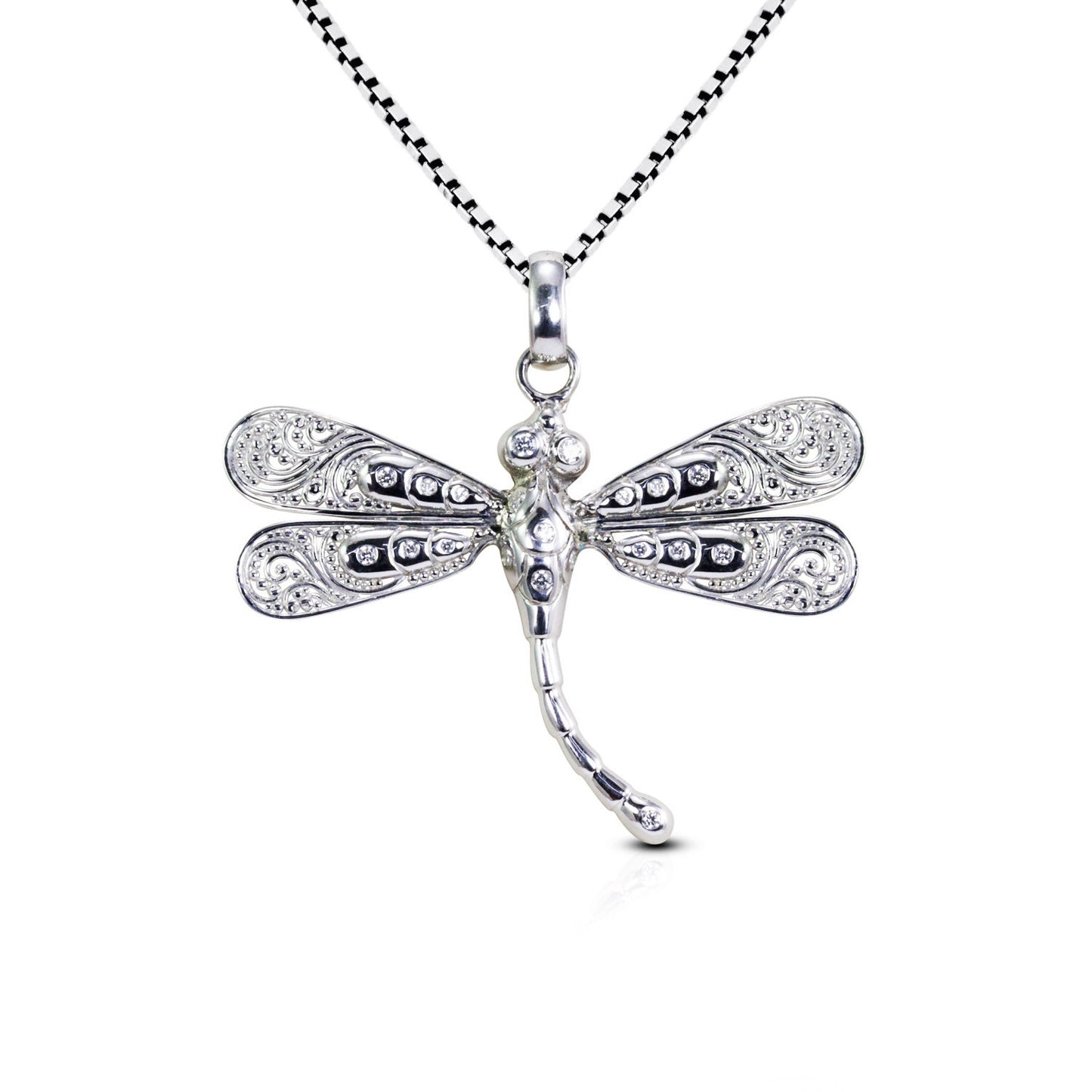 Dragonfly pendant 925 sterling silver with genuine white zircon decorated with open work filigree