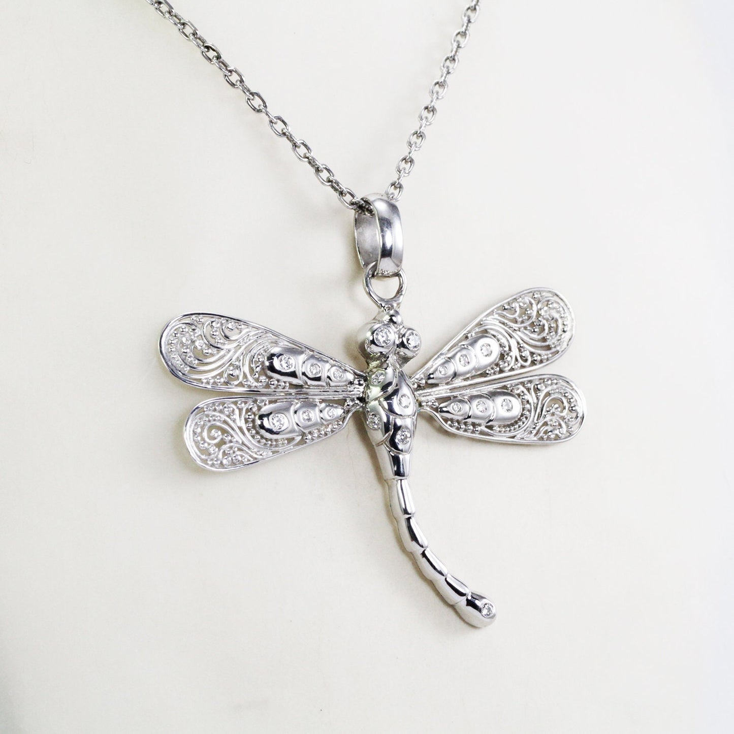Dragonfly pendant 925 sterling silver with genuine white zircon decorated with open work filigree